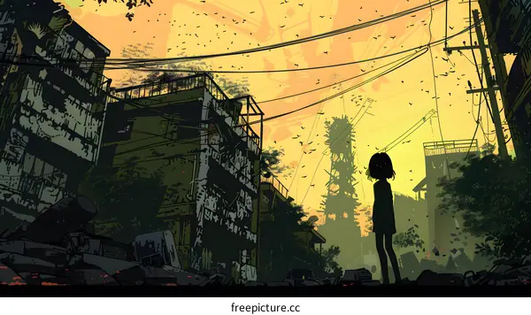 Silhouette Of Girl Standing In An Abandoned City