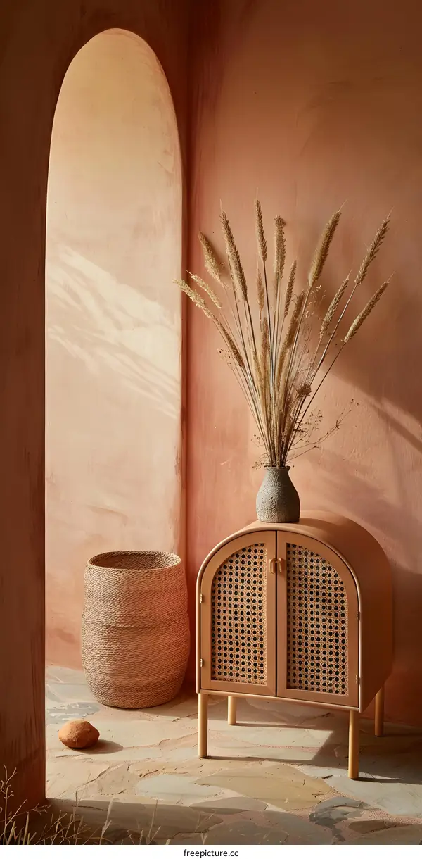 Interior Design with Wicker Cabinet and Dried Flowers