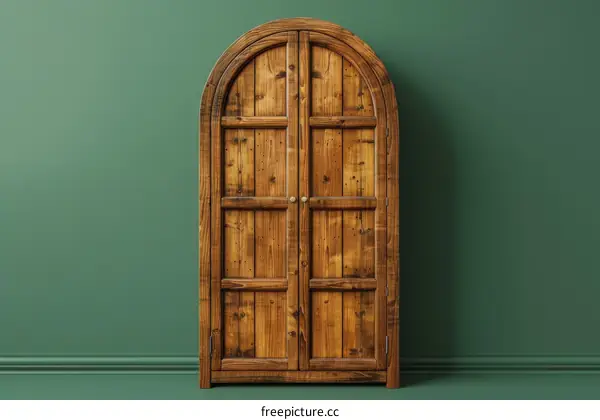 Wooden arched cabinet with green background