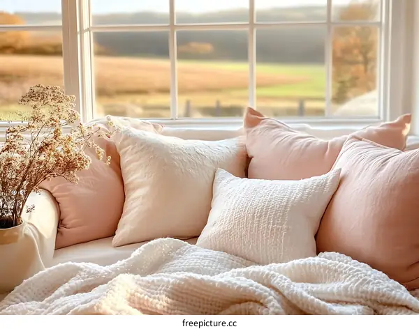 Cozy Living Room with Soft Pink and White Pillows