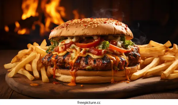 A delicious burger with fries on a wooden table