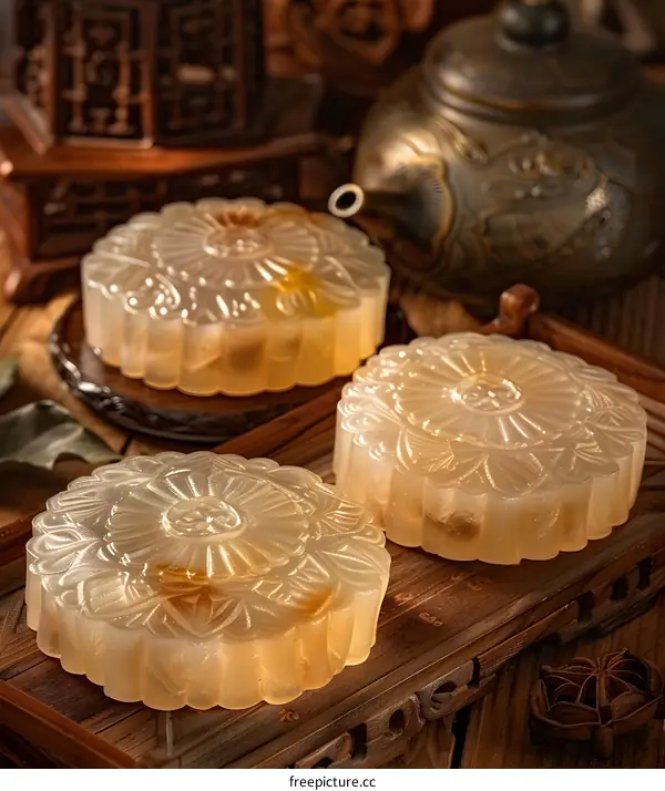 Close Up Of Three Traditional Chinese Mooncakes On Wooden Tray