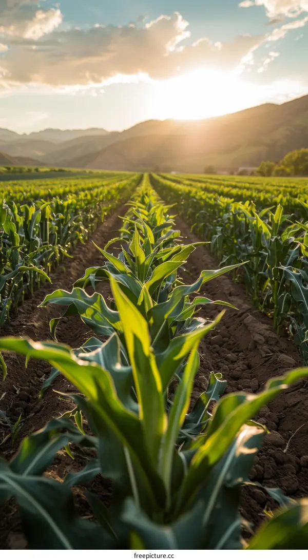 Green corn field with mountains in the distance