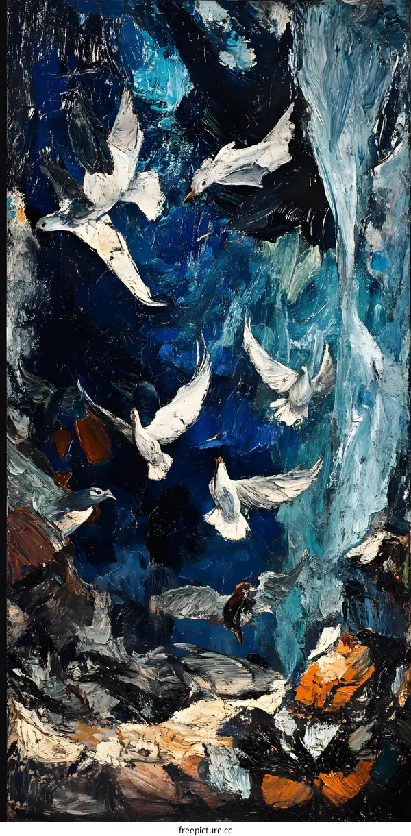 Oil Painting of Birds Flying in the Night Sky