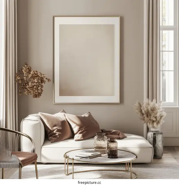 Modern Beige Living Room Mockup with Empty Frame