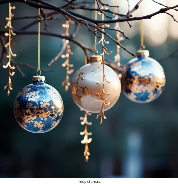 Christmas ornaments hanging on a bare tree branch