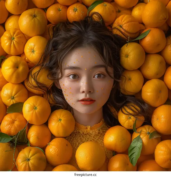 Young Asian Woman with Glitter Makeup Posing Amongst Oranges in Yellow Dress
