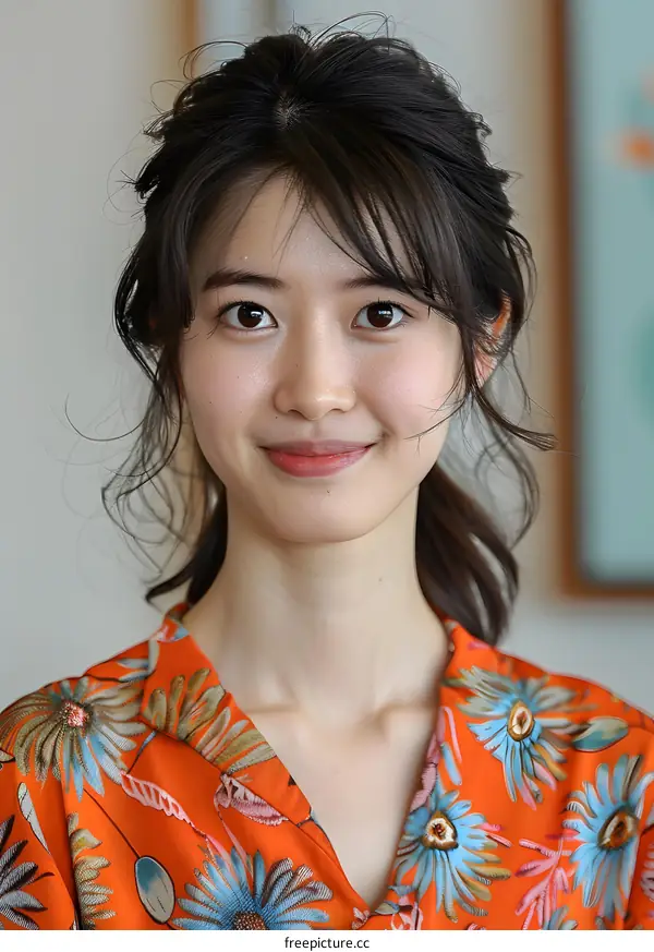 Portrait of a young Asian woman with long dark hair and brown eyes. She is wearing a red and orange floral shirt and has a slight smile on her face.