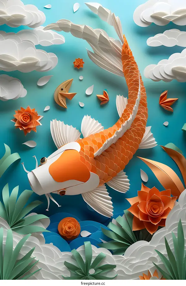 Paper Art Koi Fish with Flowers and Clouds