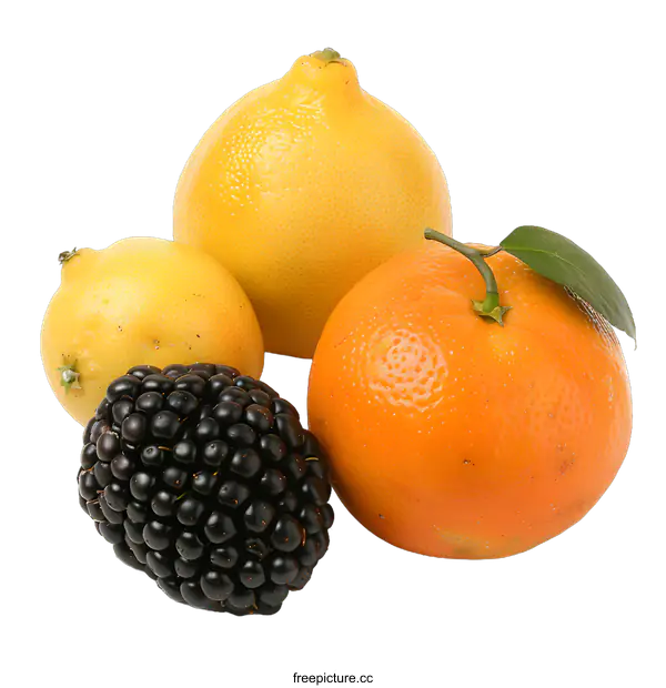 [Transparent Background PNG]Fresh Citrus Fruits and Blackberry Isolated on White Background