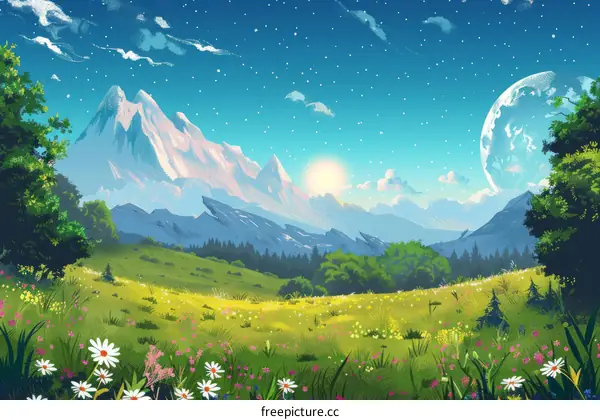 Fantasy landscape with mountains, hills, meadows and a giant moon