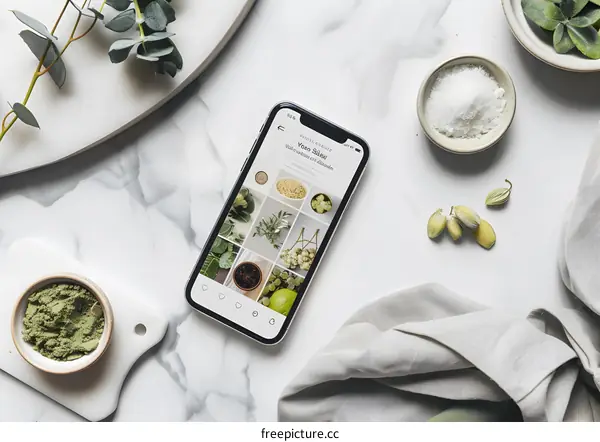 Green Tea and Salt on a Marble Surface with a Phone Displaying a Social Media Post