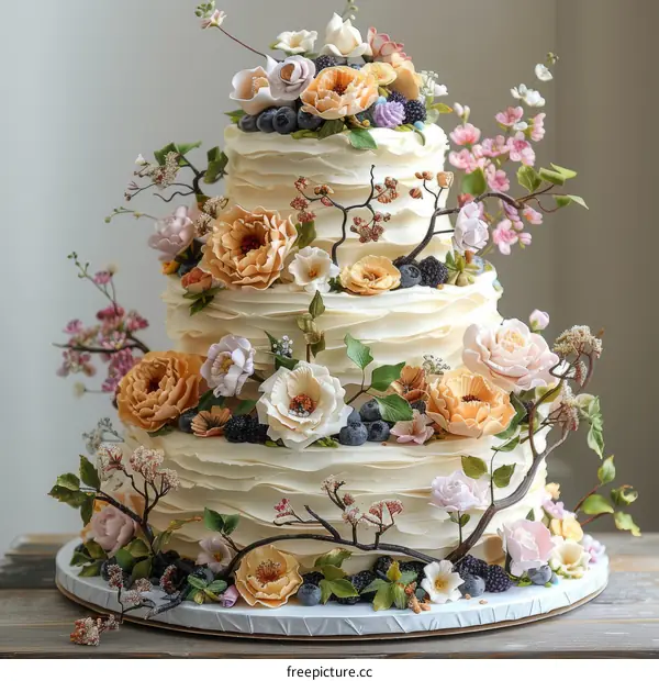 Four tiers wedding cake decorated with cream and flowers