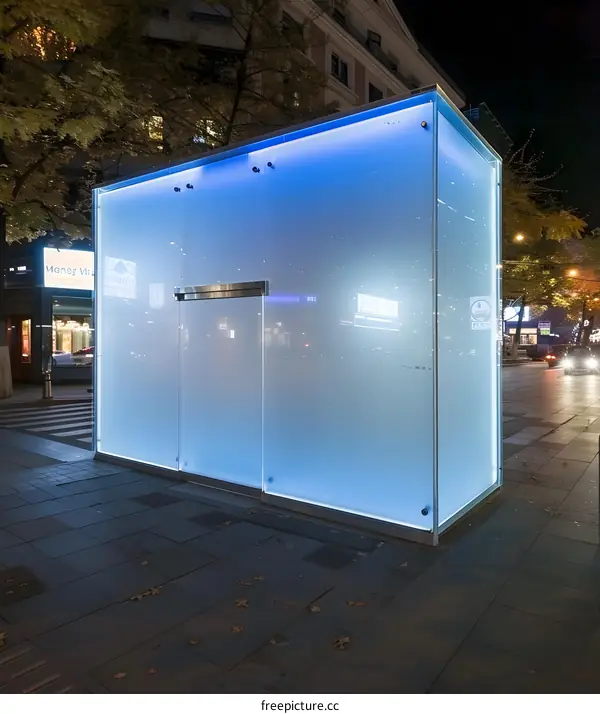 Modern Glass Building with Blue Light at Night