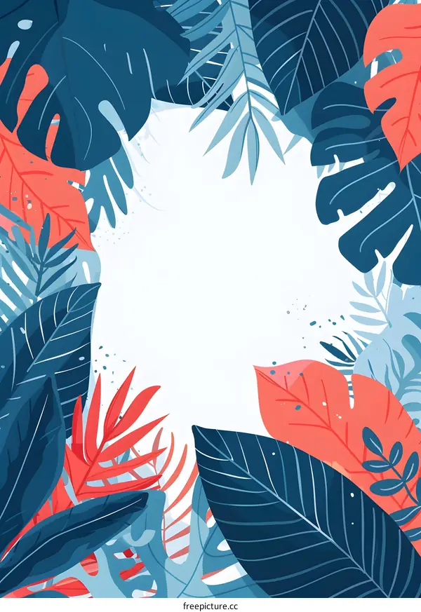 Blue And Red Tropical Leaves Pattern Background