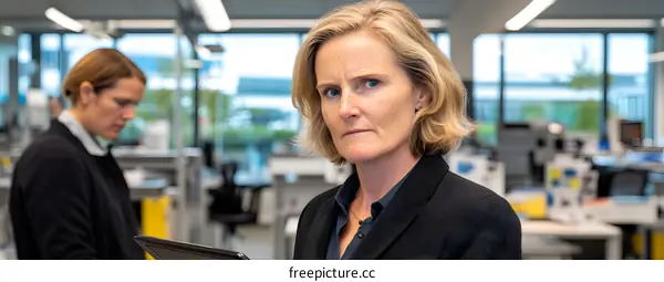 Confident Business Woman in Office with Serious Expression Looking at Camera