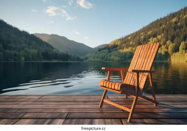 Wooden chair on a dock overlooking a mountain lake