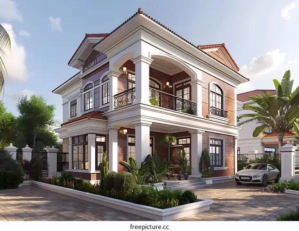 Modern Luxury Home Exterior Design with Front Yard and Palm Trees