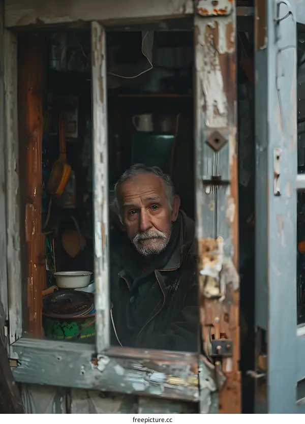 Old Man Looking Through Broken Window