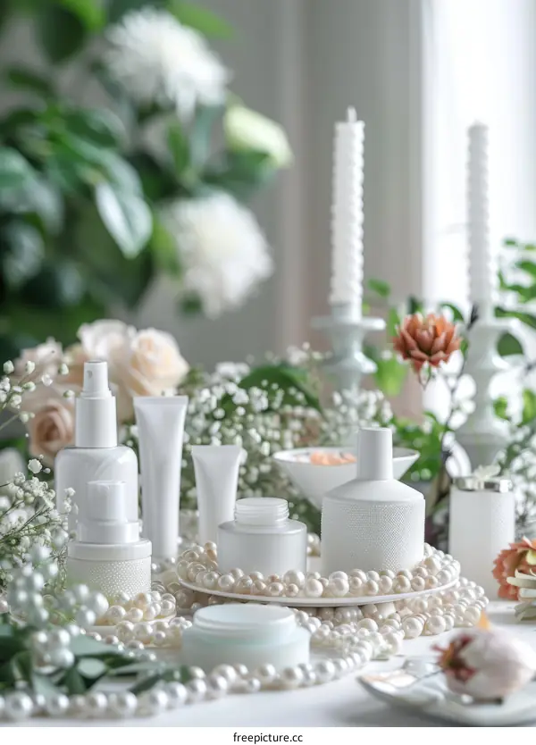 White cosmetic bottles and cream jars with pearls and flowers