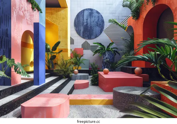 Vibrant Courtyard with Geometric Shapes and Lush Greenery