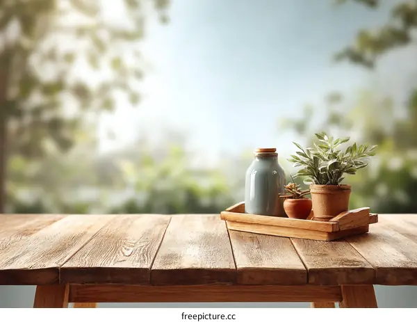 Wooden Tabletop with Decorative Items and Blurred Background