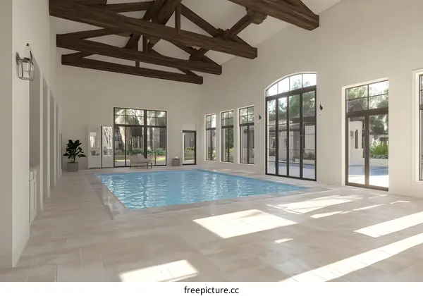 Modern Home Interior Design with Indoor Swimming Pool and Large Windows