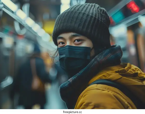 Portrait of a young Asian man wearing a mask on a subway train