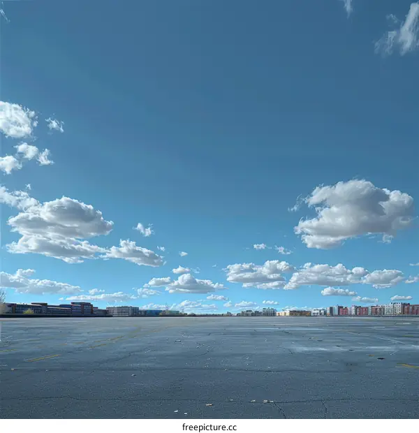 Empty Parking Lot on Sunny Day with Clouds in Distance