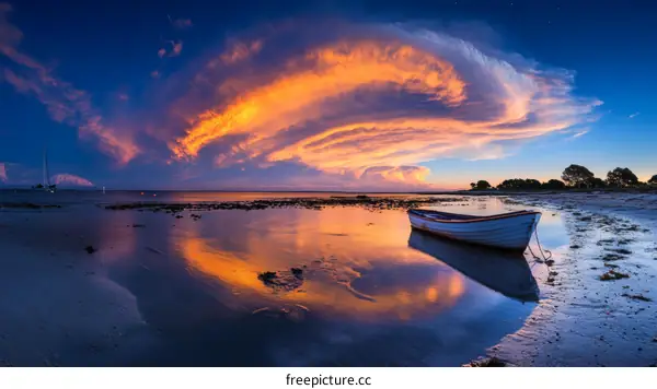 Dramatic Sunset over Calm Waters with Small Boat