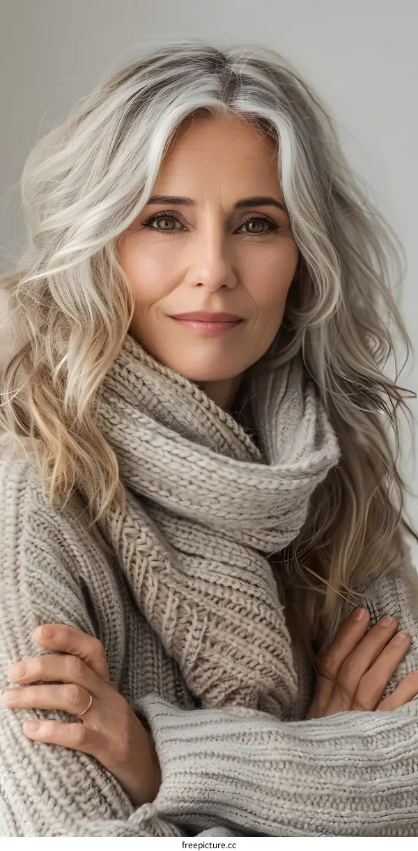 portrait of a beautiful middle aged woman with grey hair