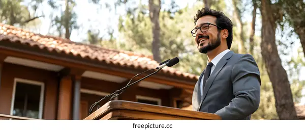 Man in Suit Giving Speech Outdoors