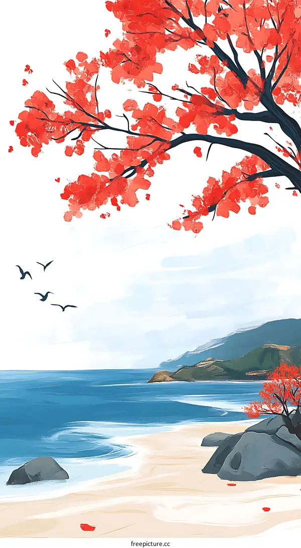 Red Tree Branch Over the Sea