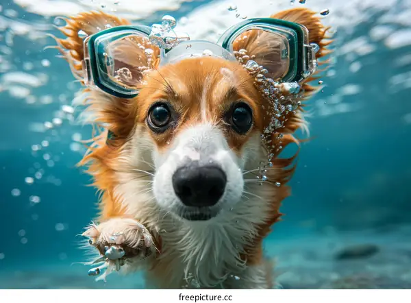 A cute dog wearing a pair of goggles is swimming in the water