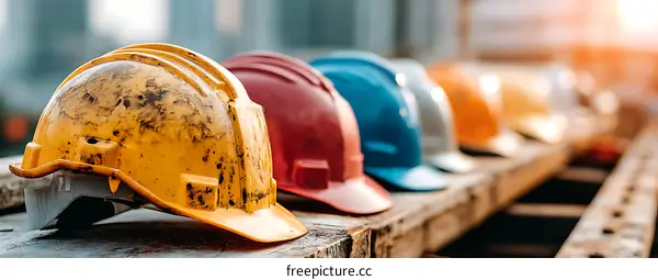 Colorful Construction Hard Hats Arranged