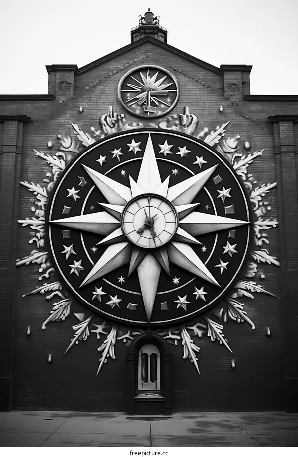 Black and white image of a large clock mural on a brick building