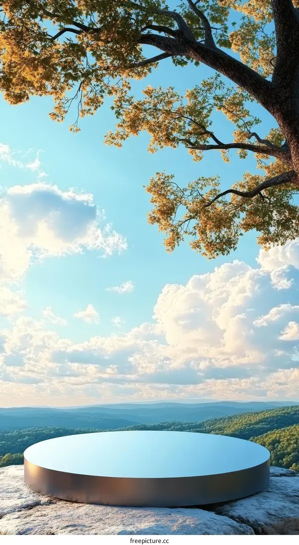 Empty Round Platform on Mountaintop with Sky and Trees