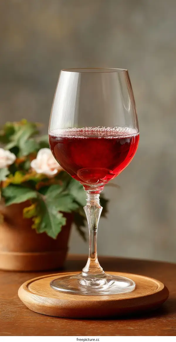Elegant Red Wine Glass on Wooden Coaster
