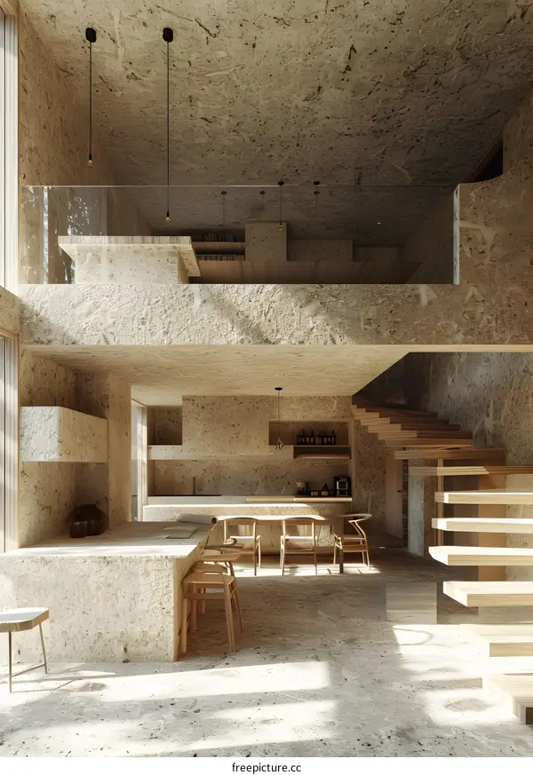 A house interior made of rammed earth