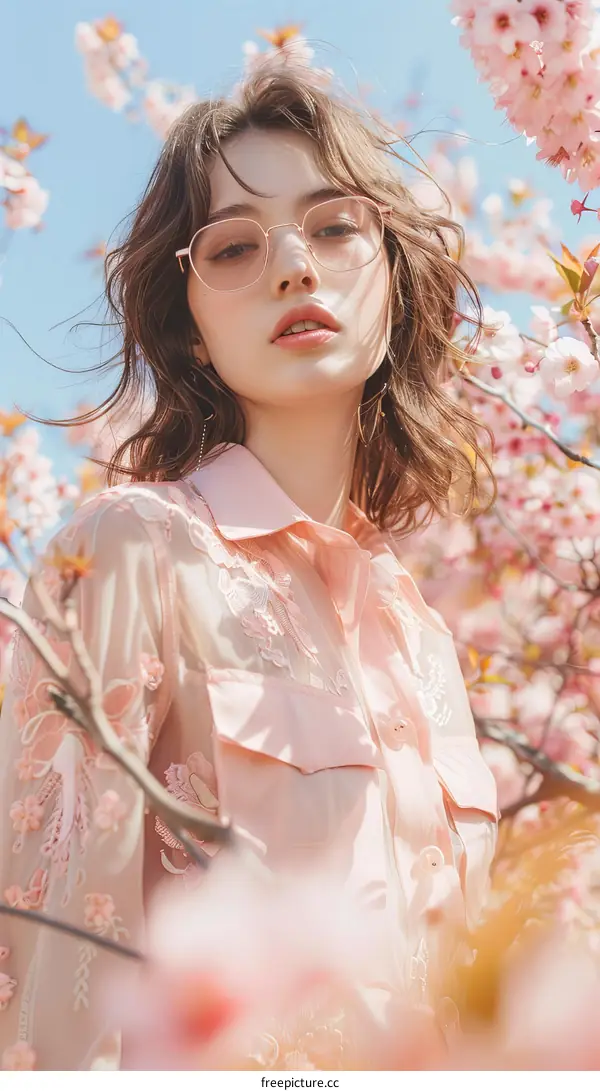 Portrait of a beautiful young woman with pink flowers