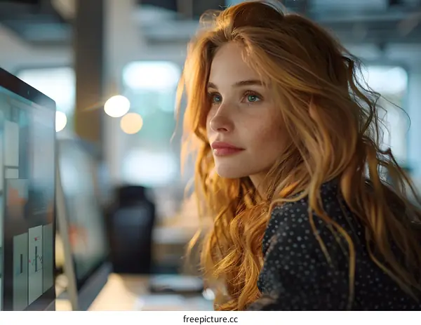 portrait of a young woman looking at a computer screen