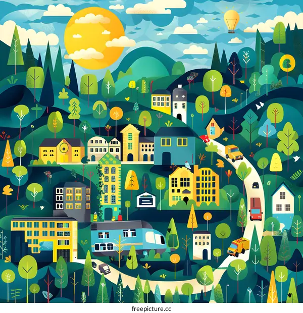 Illustrated Cityscape with Colorful Buildings and Green Trees