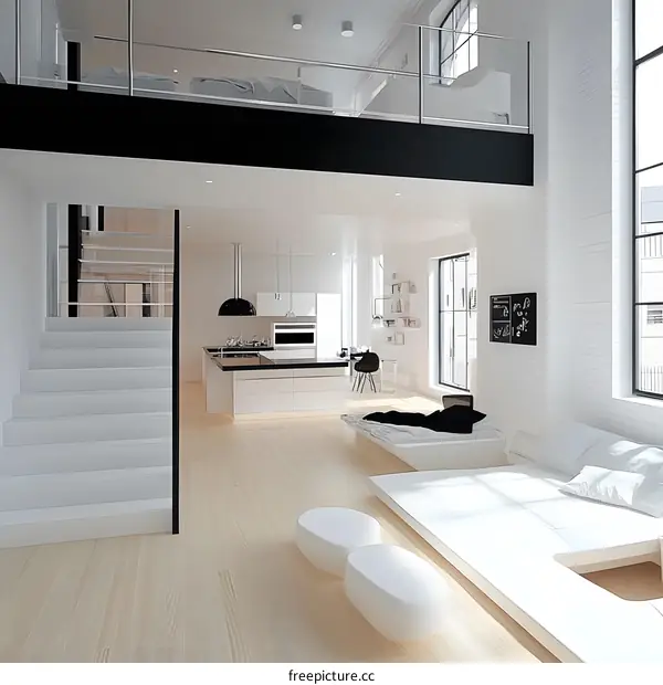 Modern Loft Apartment Design with White and Black Interior Design