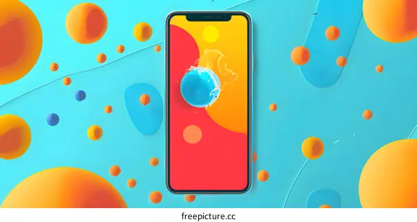 Abstract Blue Water Drop Splashing on Smartphone Screen with Colorful Background