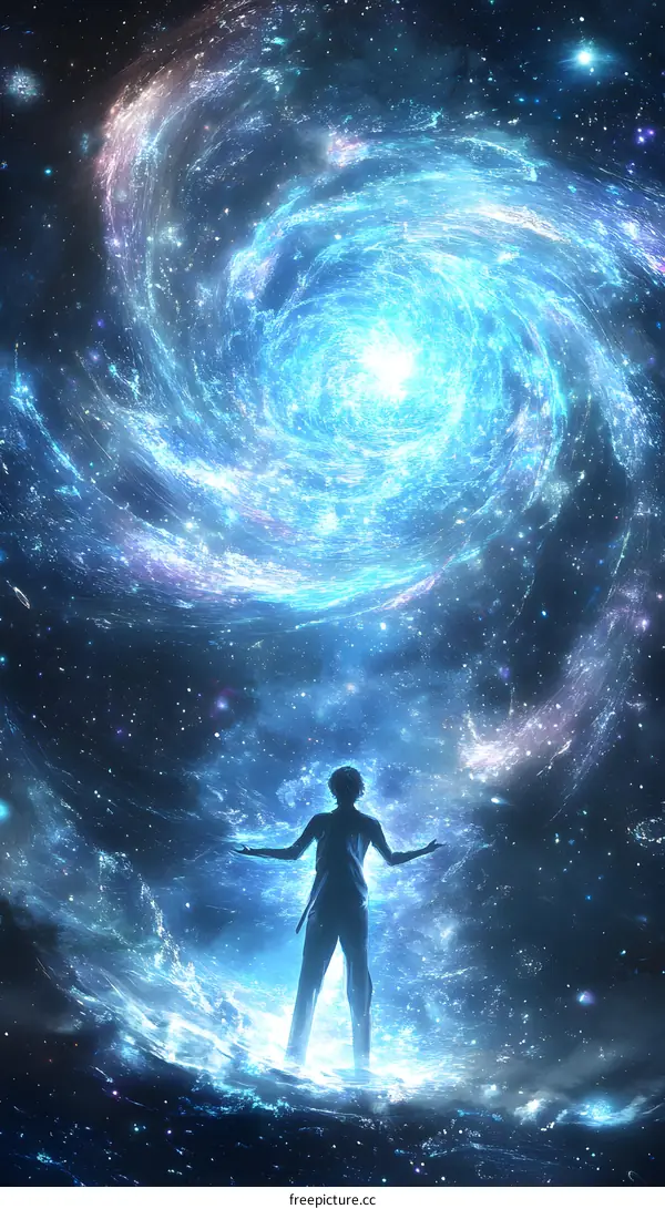 Silhouette of a Man Standing in Front of a Blue Galaxy