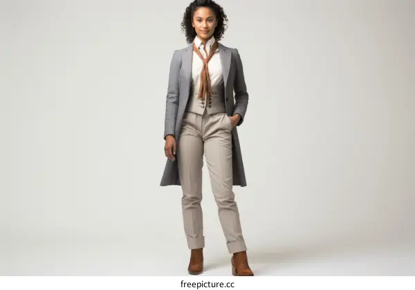 A woman wearing a tweed jacket, waistcoat, and cravat