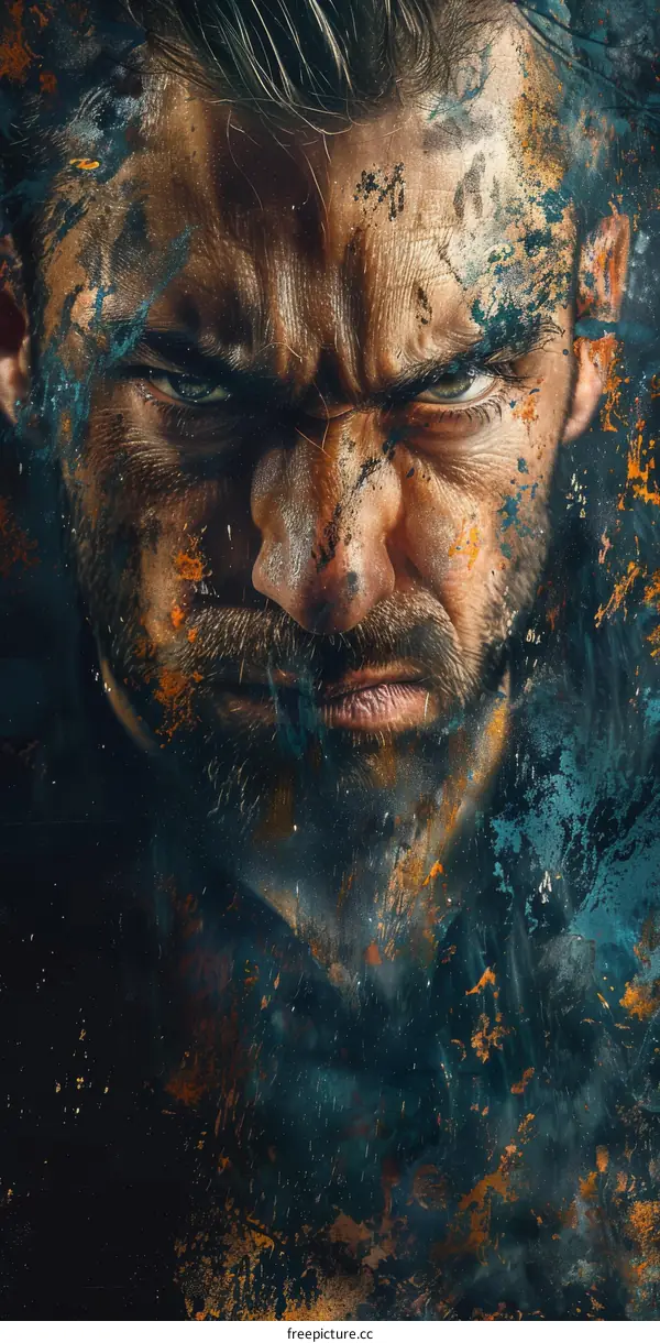 Angry Caucasian Male Portrait with Artistic Paint Effects