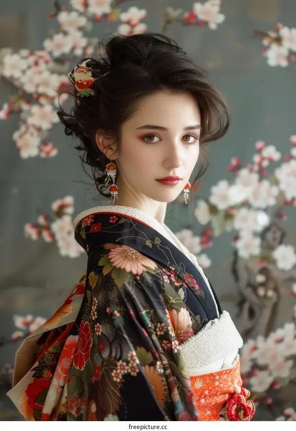 Portrait of a young woman in a kimono