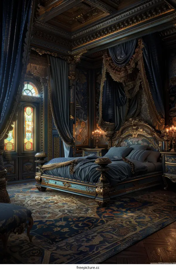 Dark Antique Bedroom Illustation with Majestic Furnitures