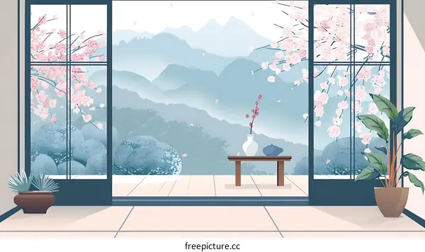 Japanese Style Interior Design with Cherry Blossoms View